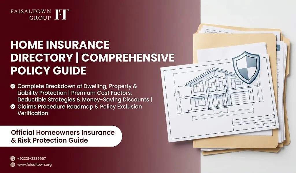 Home insurance guide hero banner illustrating dwelling coverage, liability protection, personal property, and claim procedures.