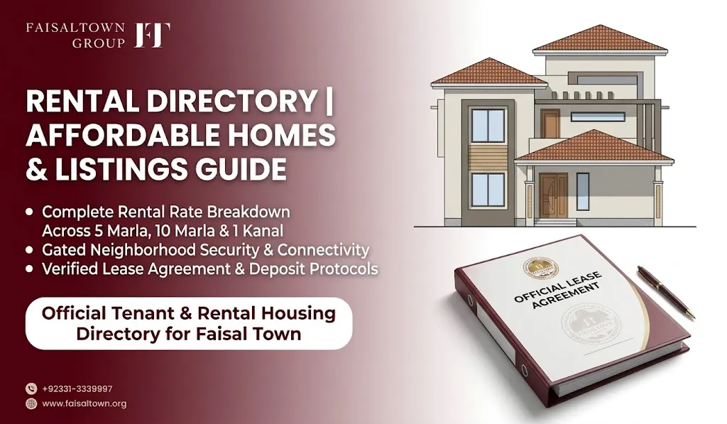 Faisal Town Islamabad house for rent hero banner featuring modern residential homes, rental listings, and family neighborhood amenities.