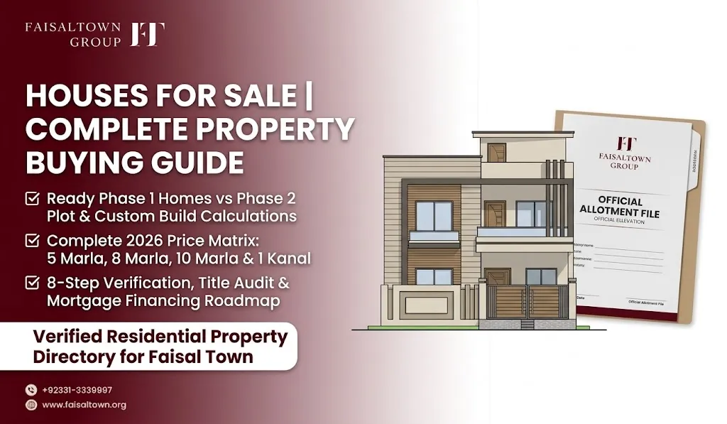 House for sale in Faisal Town Islamabad buying guide hero banner featuring ready residential homes, pricing metrics, and title verification steps.