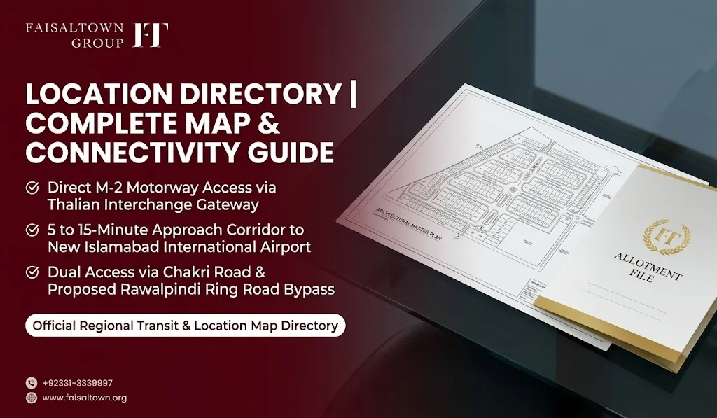Faisal Town Phase 2 location and map guide hero banner featuring M-2 Motorway access, Thalian Interchange, and airport proximity.