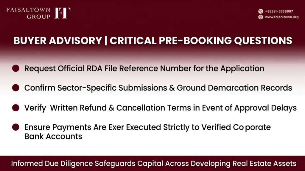 faisal-town-phase-2-pre-booking-questions-checklist Checklist detailing critical questions buyers must ask developers regarding RDA reference numbers and NOC timelines.