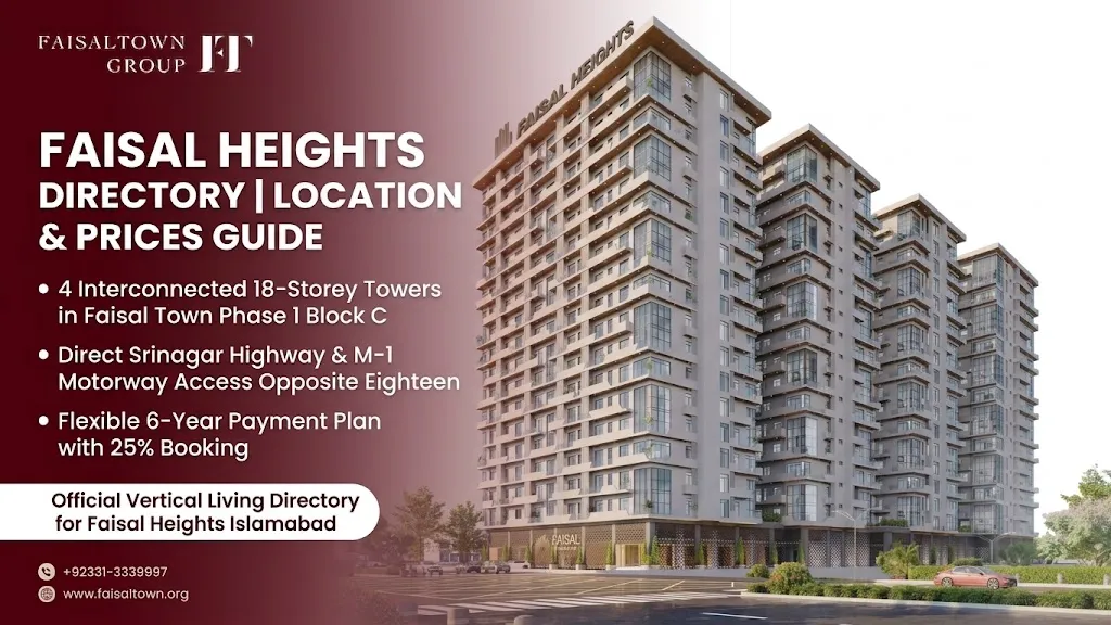 Faisal Heights hero banner featuring 18-storey luxury towers, Srinagar Highway frontage, opposite Eighteen Islamabad.