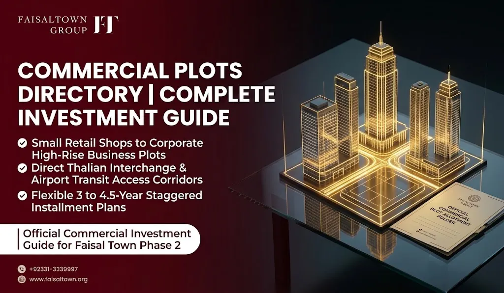 Faisal Town Phase 2 commercial plots investment guide banner featuring high-rise commercial plazas, main boulevard frontage, and official allotment files.
