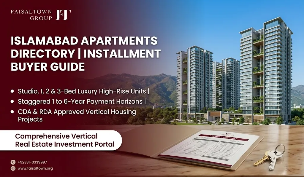 Complete booking guide banner for apartments on installments in Islamabad showing luxury high-rise towers, Margalla Hills backdrop, and payment plan files.