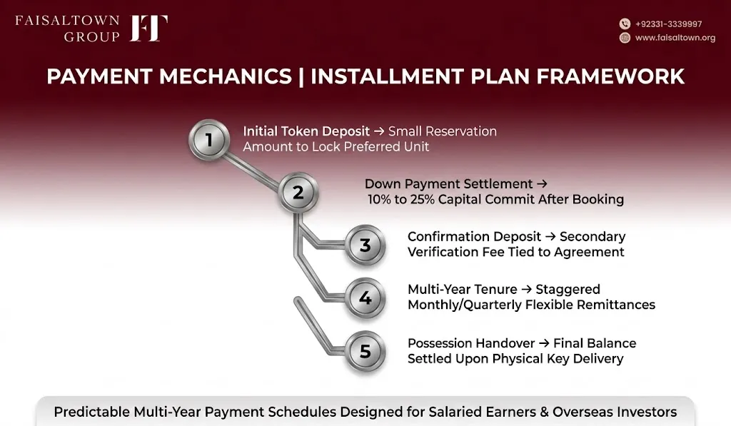 how-apartment-installment-plans-work-islamabad Financial breakdown diagram illustrating the standard 5-stage apartment installment structure from initial reservation fee to key possession handover.