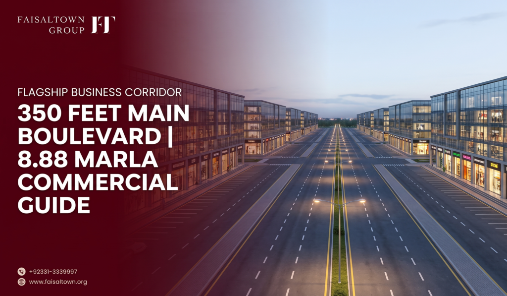 Commercial investment guide banner featuring 350 Feet Main Boulevard and 8.88 Marla commercial plots in Faisal Town Phase 2.