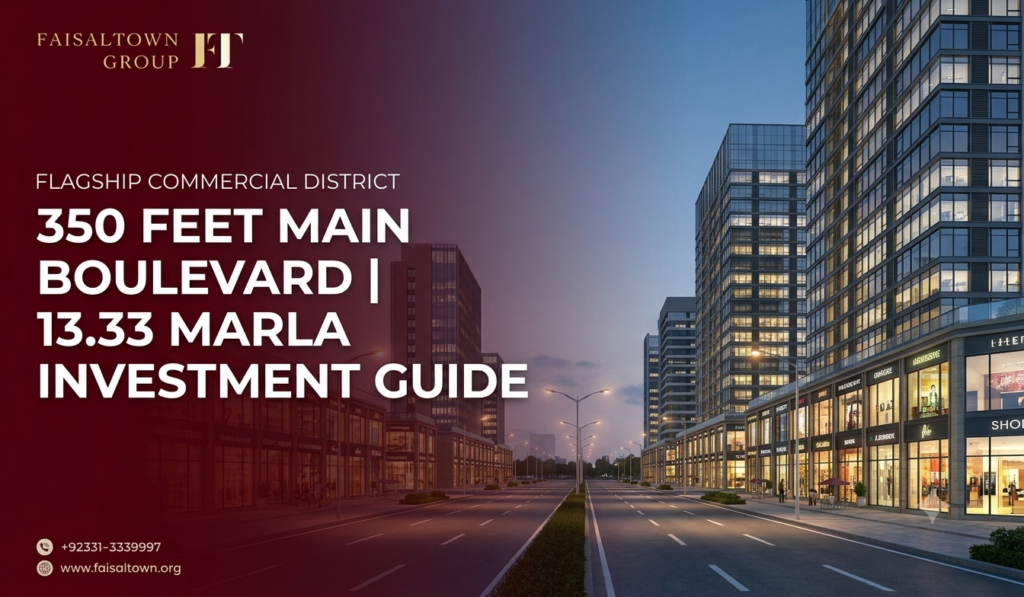 Commercial investment guide banner featuring 350 Feet Main Boulevard and 13.33 Marla plots in Faisal Town Phase 2.
