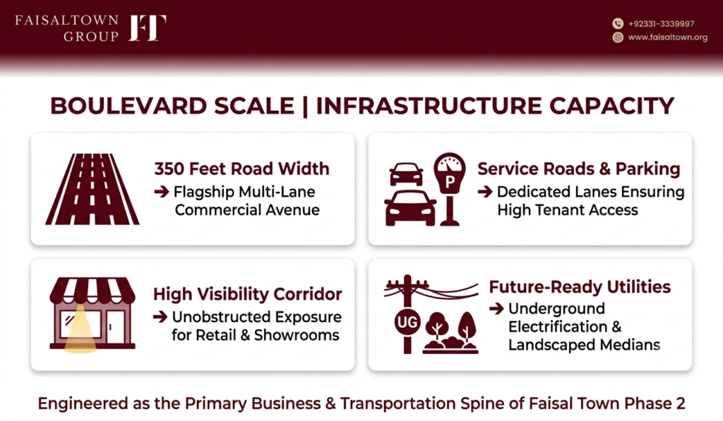 Infographic displaying the road dimensions, service lanes, and traffic capacity of the 350 Feet Main Boulevard.