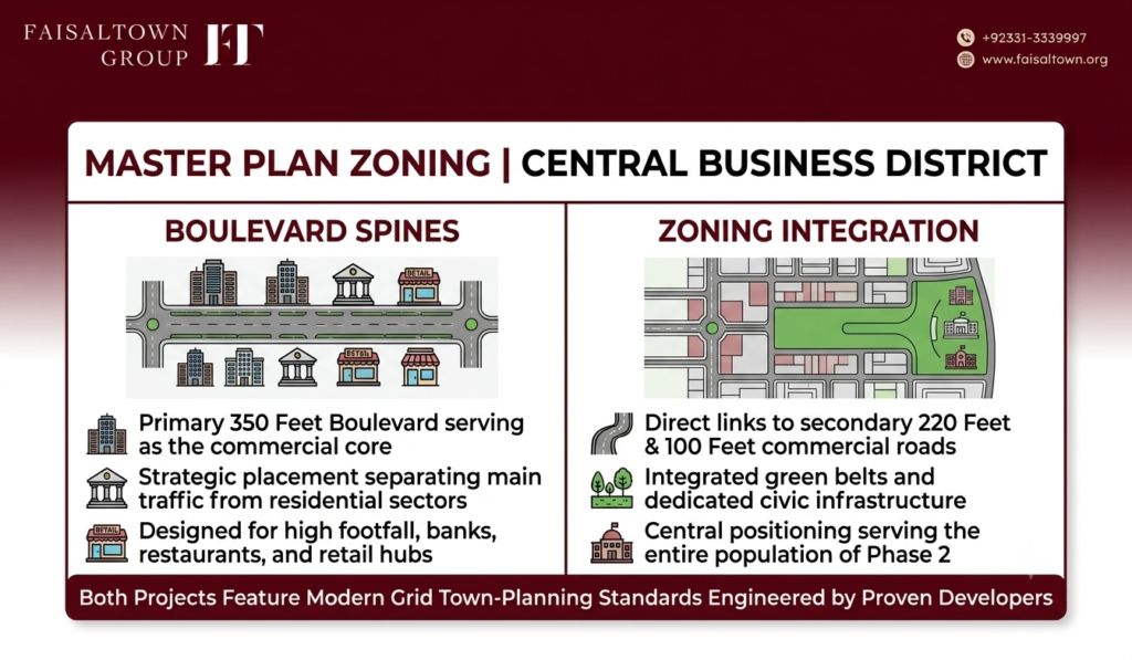 aster plan diagram showing Central Business District layout and 350 Feet Boulevard zoning.