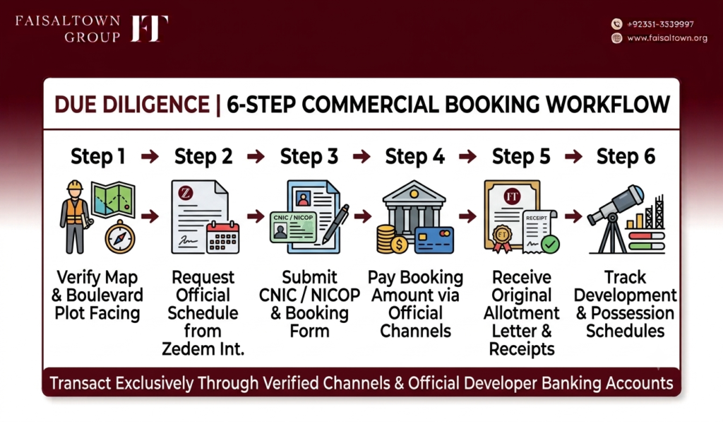 Flowchart showing the step-by-step booking and verification process for 13.33 Marla commercial plots.