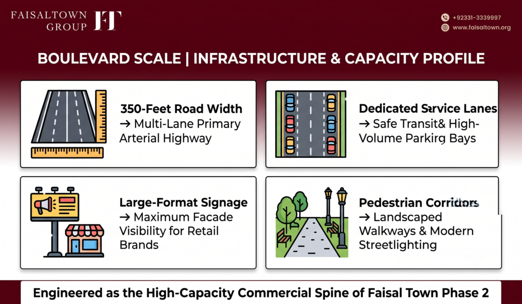 Infographic displaying the 350-foot road width, multi-lane capacity, service roads, and dedicated parking provisions.