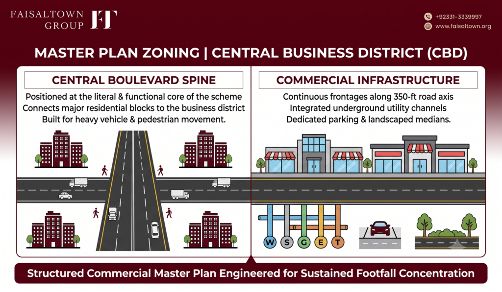 Master plan diagram showing Central Business District (CBD) zoning and 350-Foot Main Boulevard commercial positioning.
