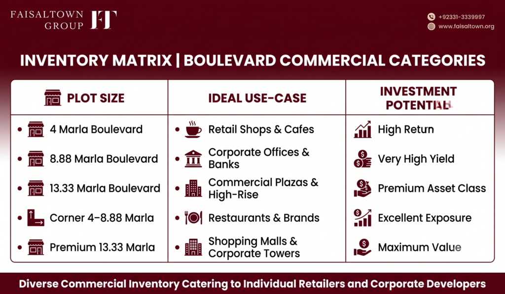 Structured matrix listing plot sizes (4 Marla to 13.33 Marla), recommended business use-cases, and potential returns.