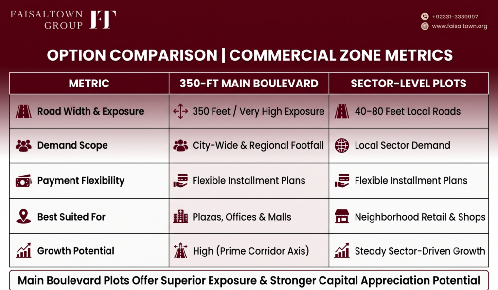 Comparison table contrasting 350-Foot Main Boulevard plots with sector-level commercial plots and generic Islamabad markets.