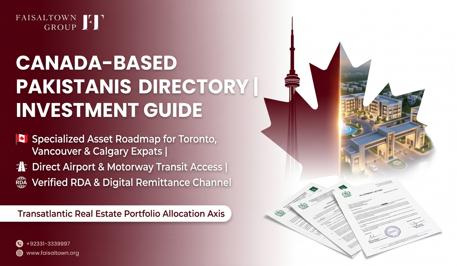 Canada based Pakistanis investment guide banner for Faisal Town Phase 2 featuring Toronto skyline link to Islamabad real estate assets.