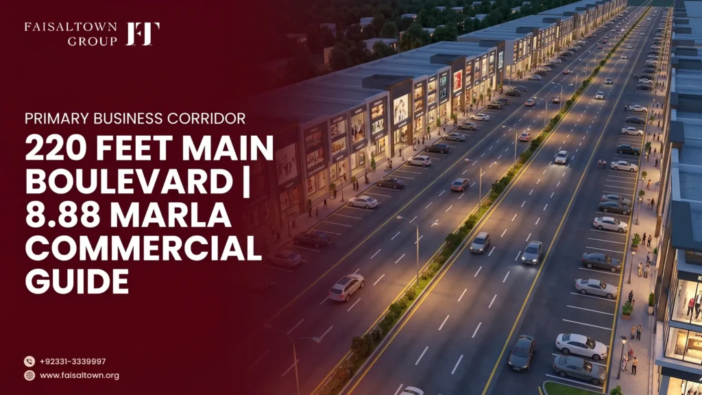 Complete commercial investment guide banner for Faisal Town Phase 2 main sectors featuring 350-foot wide boulevard plazas, location access, and plot categories.