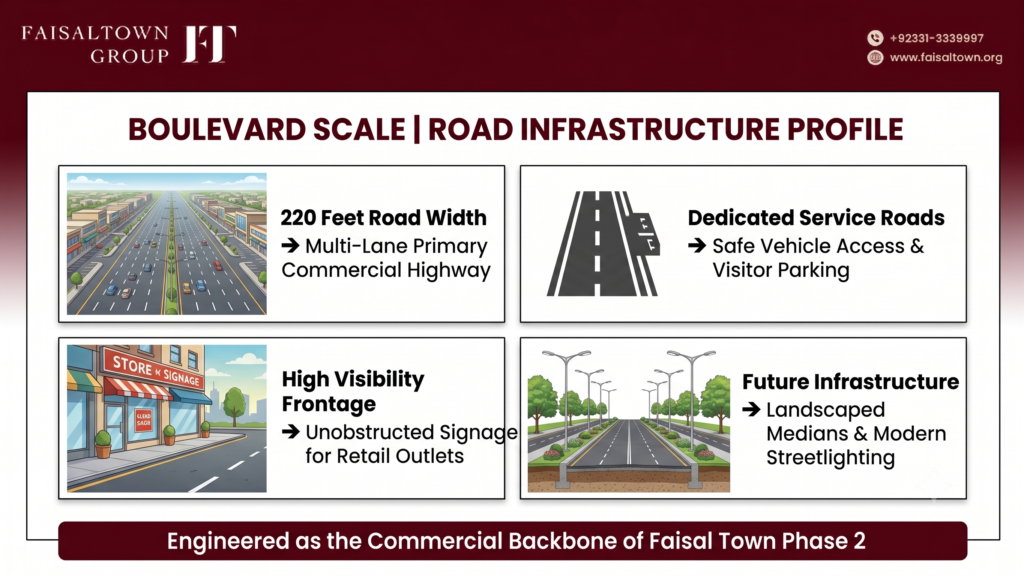 Infographic displaying the road width, multi-lane capacity, and dedicated parking of the 220 Feet Main Boulevard.