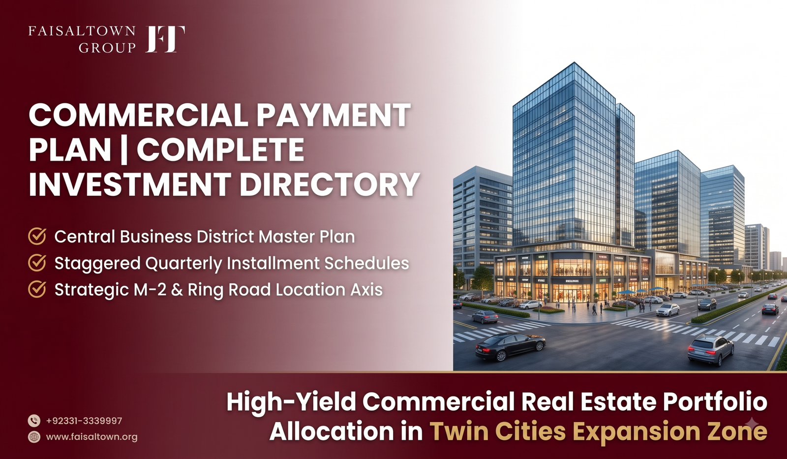 Complete commercial payment plan guide banner for Faisal Town Phase 2 showing modern central business district plazas, M-2 Motorway access, and installment structures.