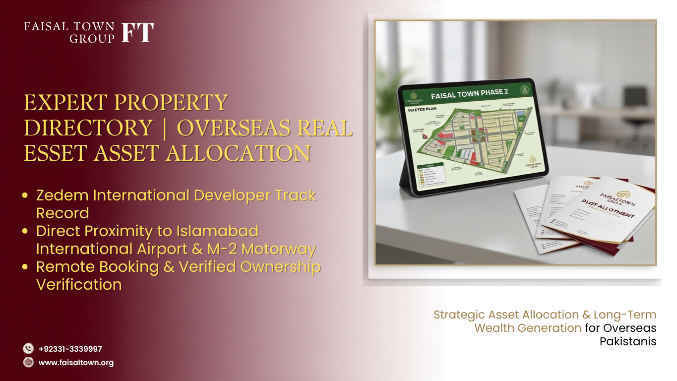 Overseas real estate investment directory banner for Faisal Town Phase 2 featuring plot allocation details, connectivity, and developer credentials.