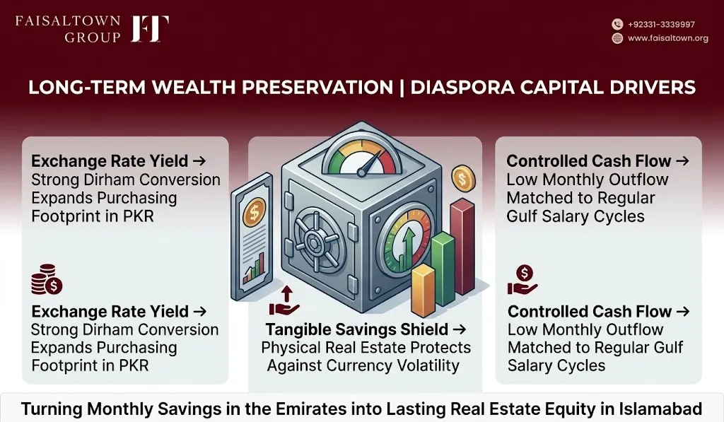uae-expats-financial-advantages-capital-protection Financial graphic illustrating Dirham purchasing power, inflation hedging, and long-term asset building for Gulf expats