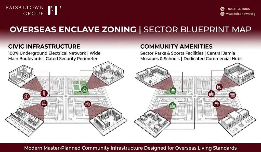 faisal-town-phase-2-overseas-enclave-master-plan-blueprint Architectural blueprint overview showing underground utilities, sector zoning, green parks, and commercial hubs in Overseas Enclave.