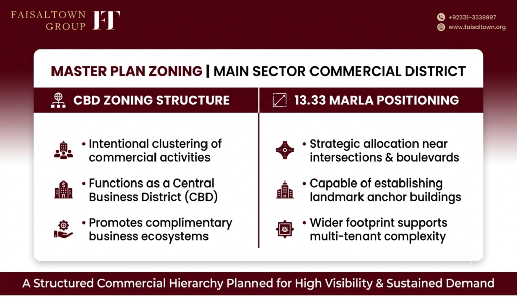 Master plan diagram showing Central Business District (CBD) zoning and 13.33 Marla plot positioning.