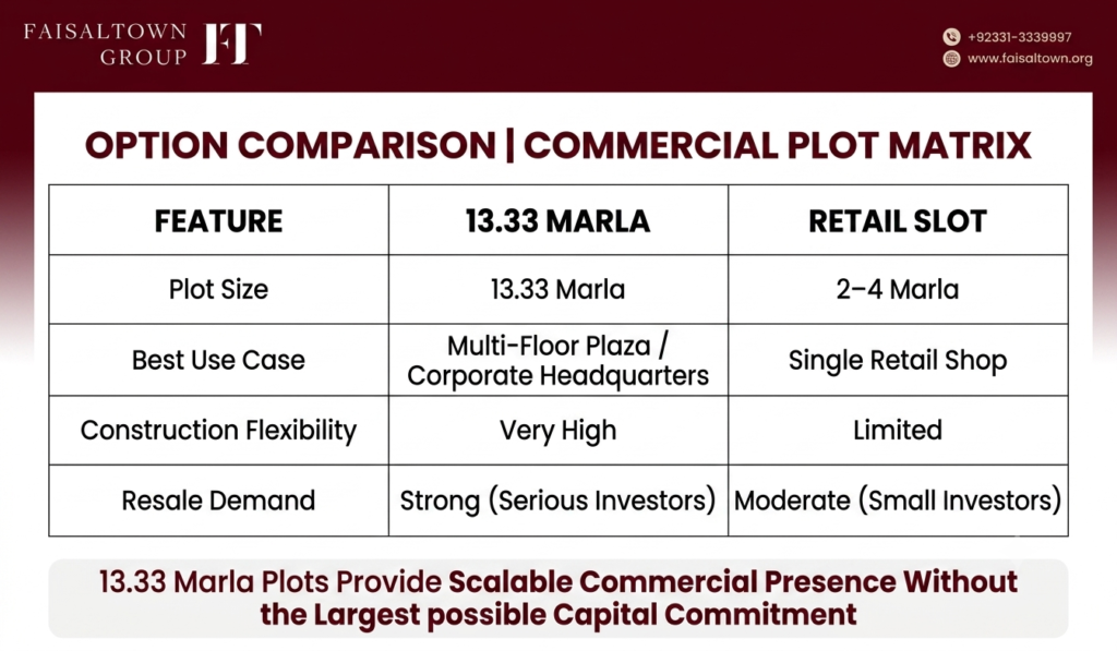 Comparison table contrasting 13.33 Marla plots with 8.88 Marla and smaller retail commercial options.