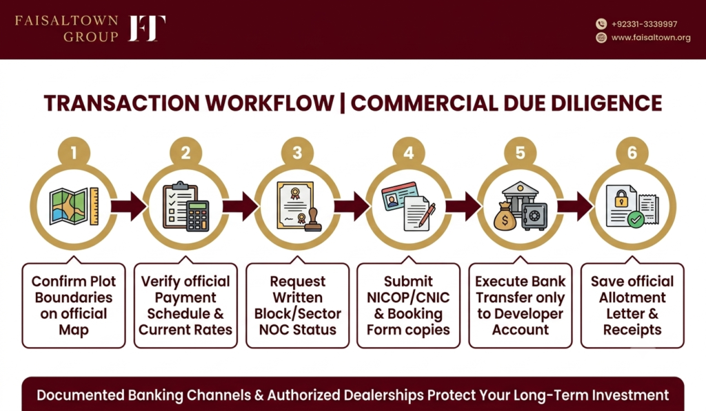 Sequential flowchart illustrating the 6-step verification and booking process for commercial plots.