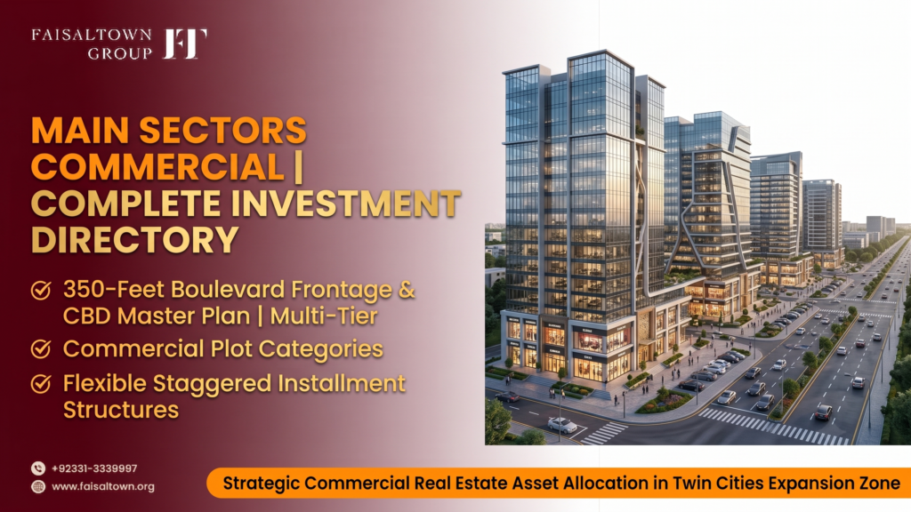 Complete investment guide banner for Faisal Town Phase 2 350 Feet Main Boulevard Business District featuring high-rise commercial plazas and motorway access.