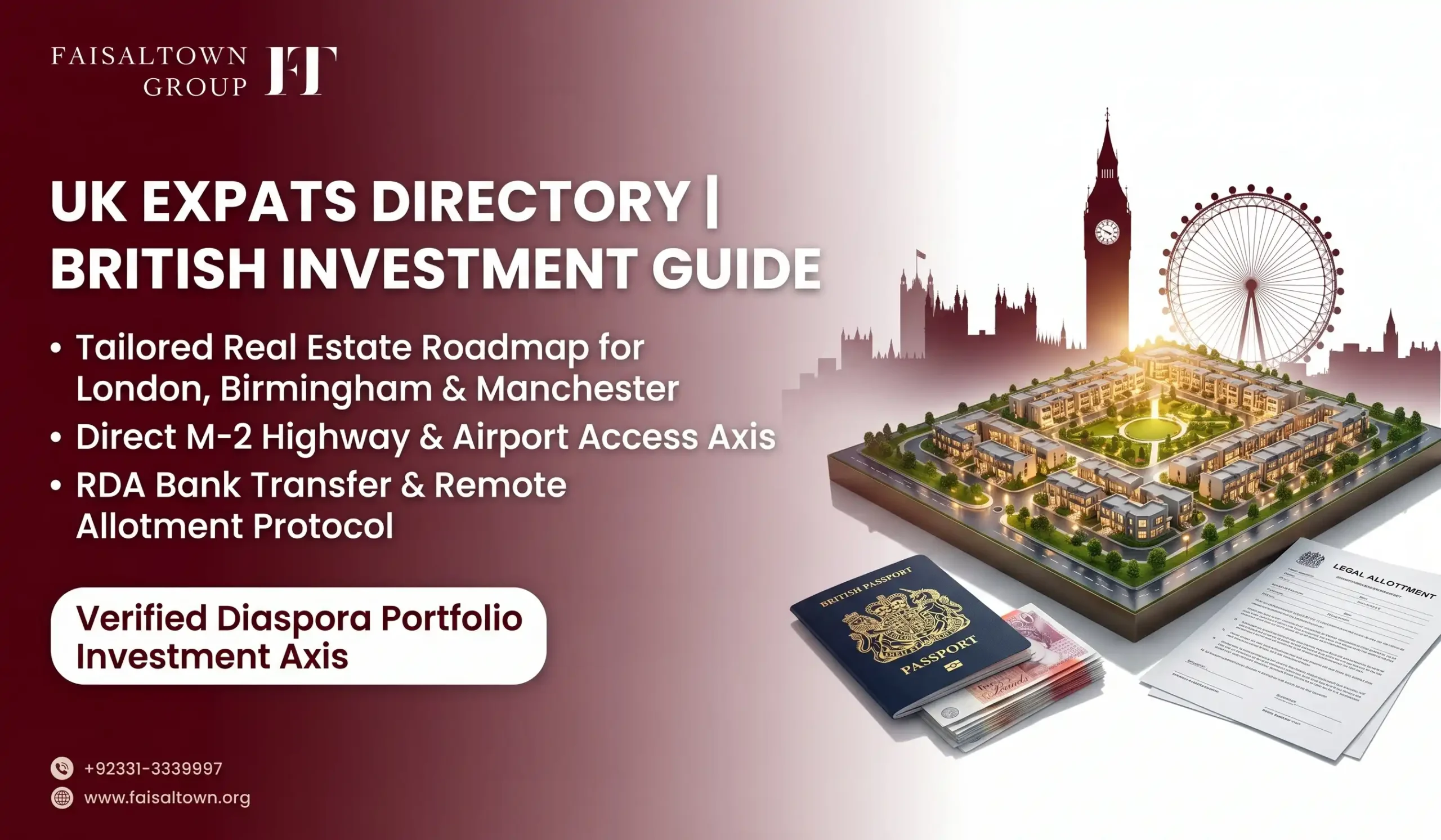 UK investment guide banner for Faisal Town Phase 2 showing British passport and London skyline link to Islamabad property.