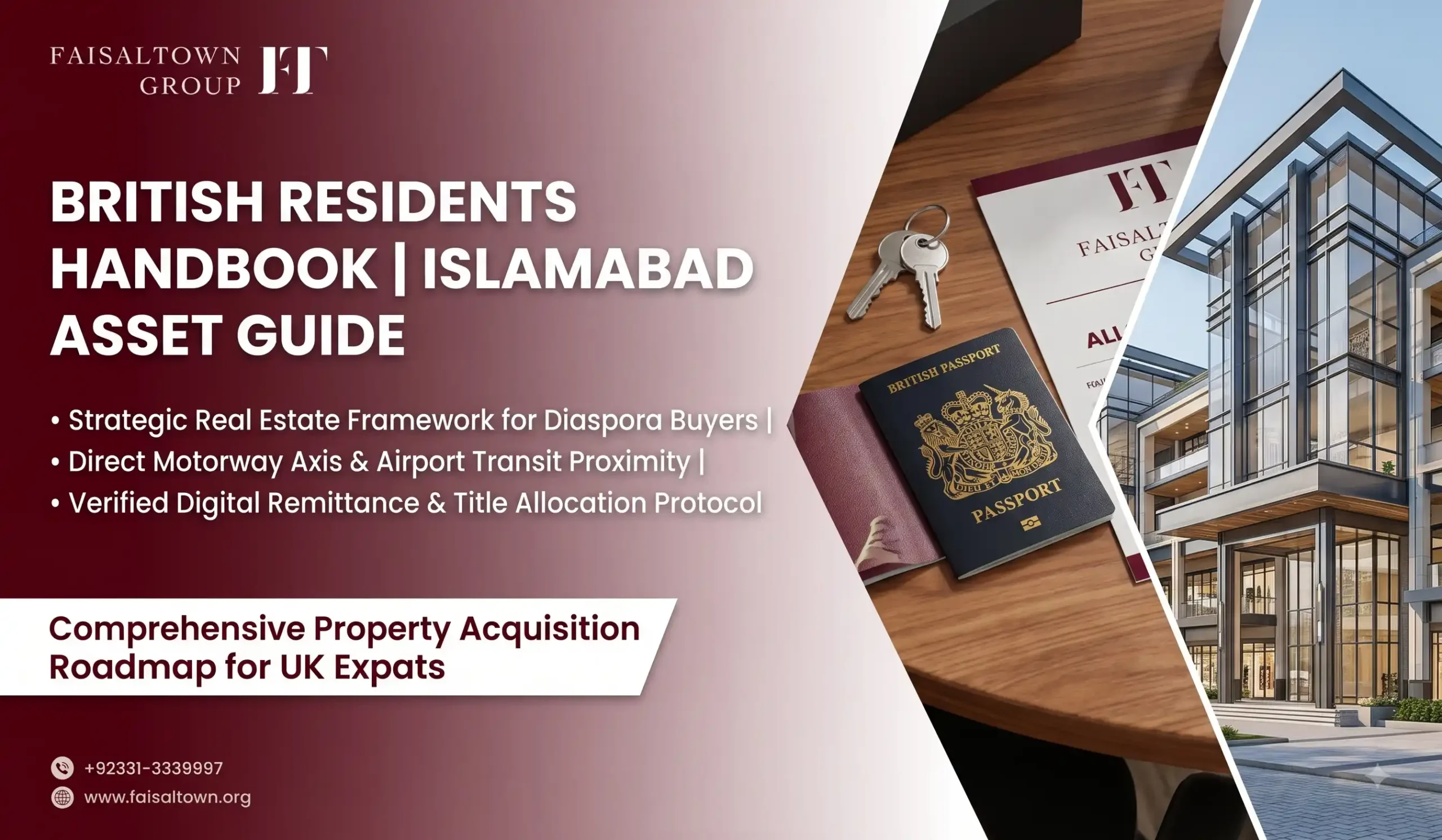 Faisal Town Phase 2 UK residents guide banner featuring British expat property investment tools, legal documents, and Islamabad real estate.