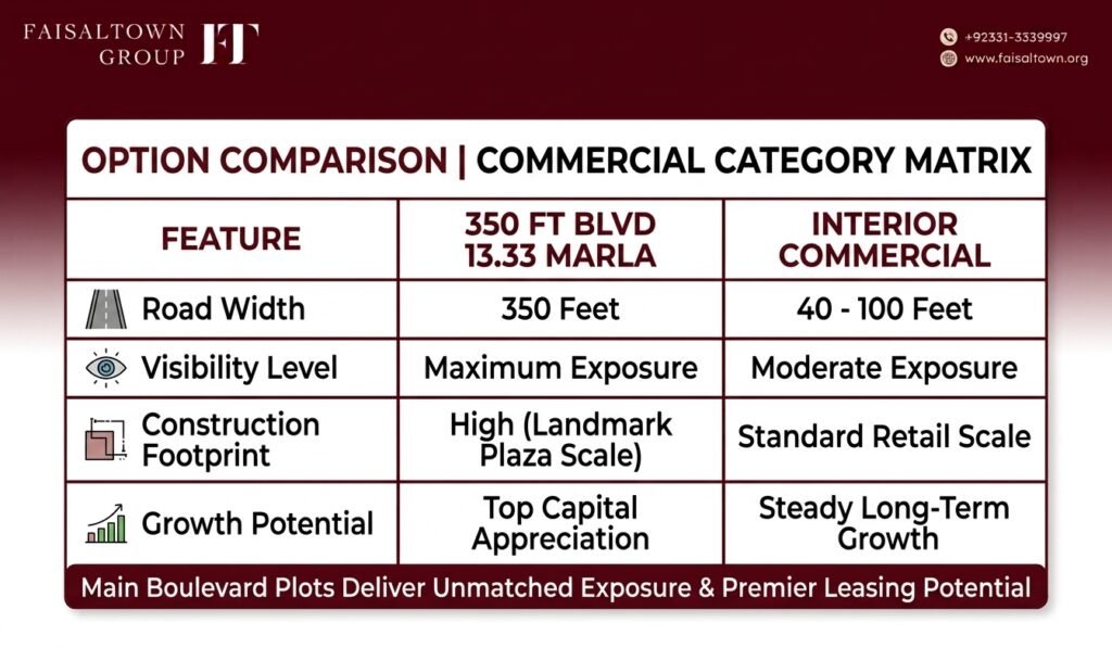 Comparison table contrasting 350 Feet Boulevard 13.33 Marla plots with 220 Feet and interior commercial options.