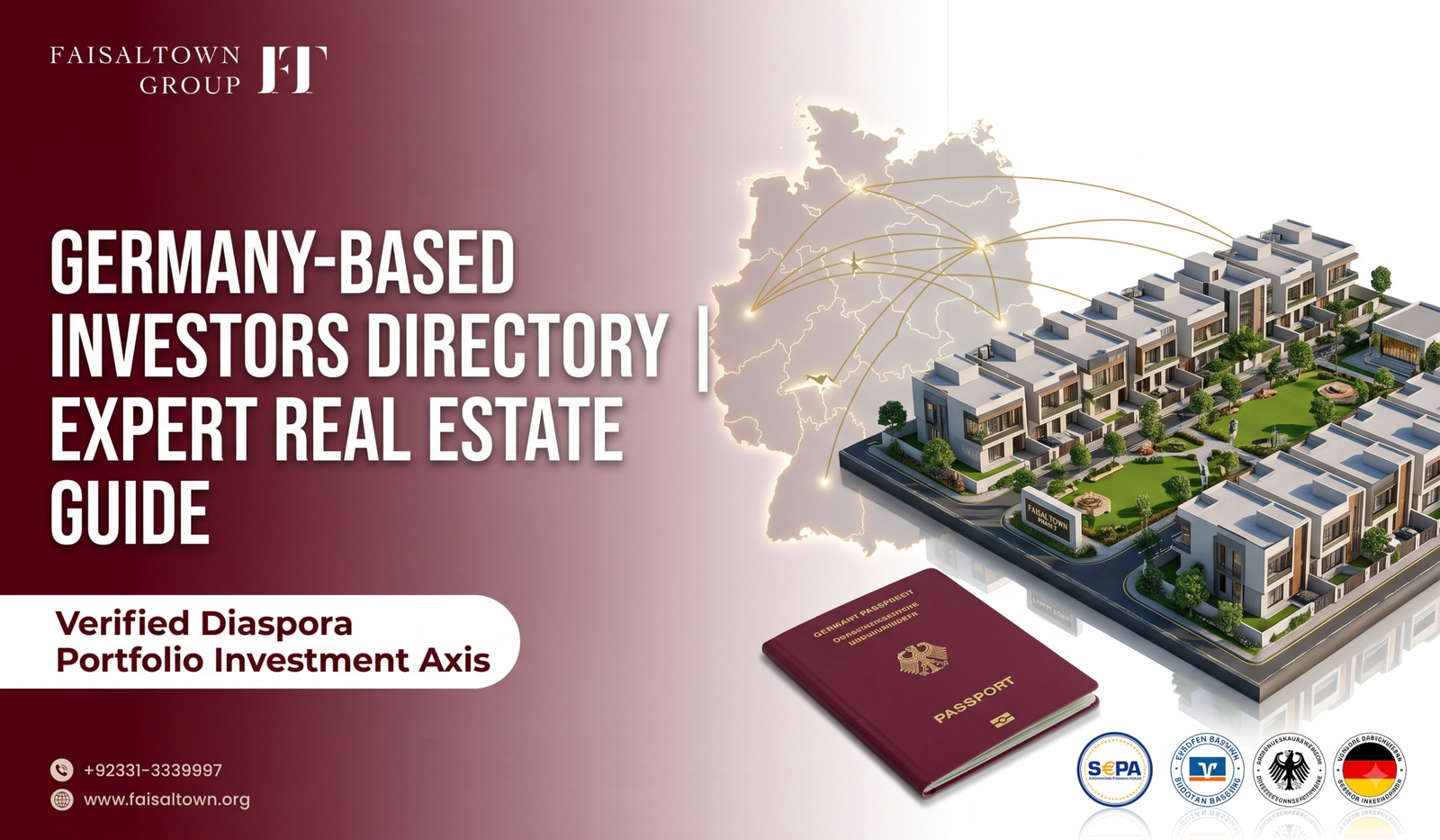 Germany based investors guide banner for Faisal Town Phase 2 showing European map links to Islamabad real estate assets.