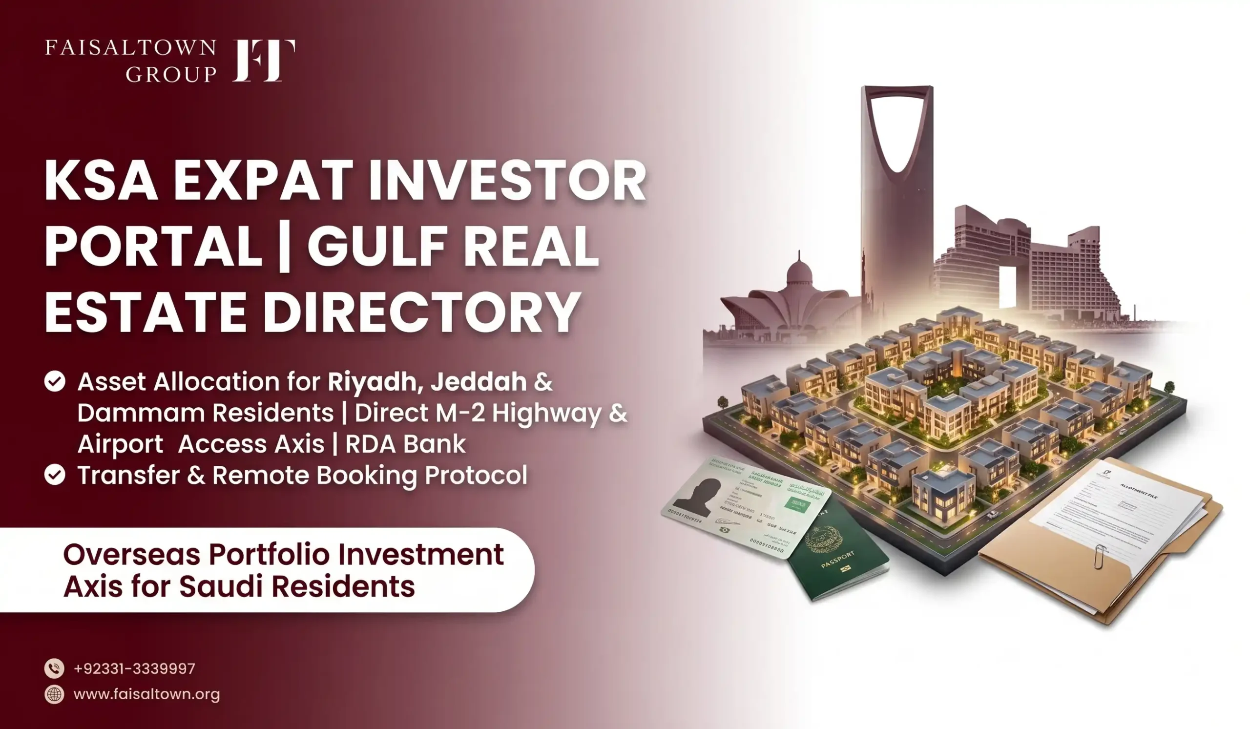 Saudi residents investment guide banner for Faisal Town Phase 2 showing Gulf expat access from Riyadh, Jeddah, and Dammam to Islamabad property.