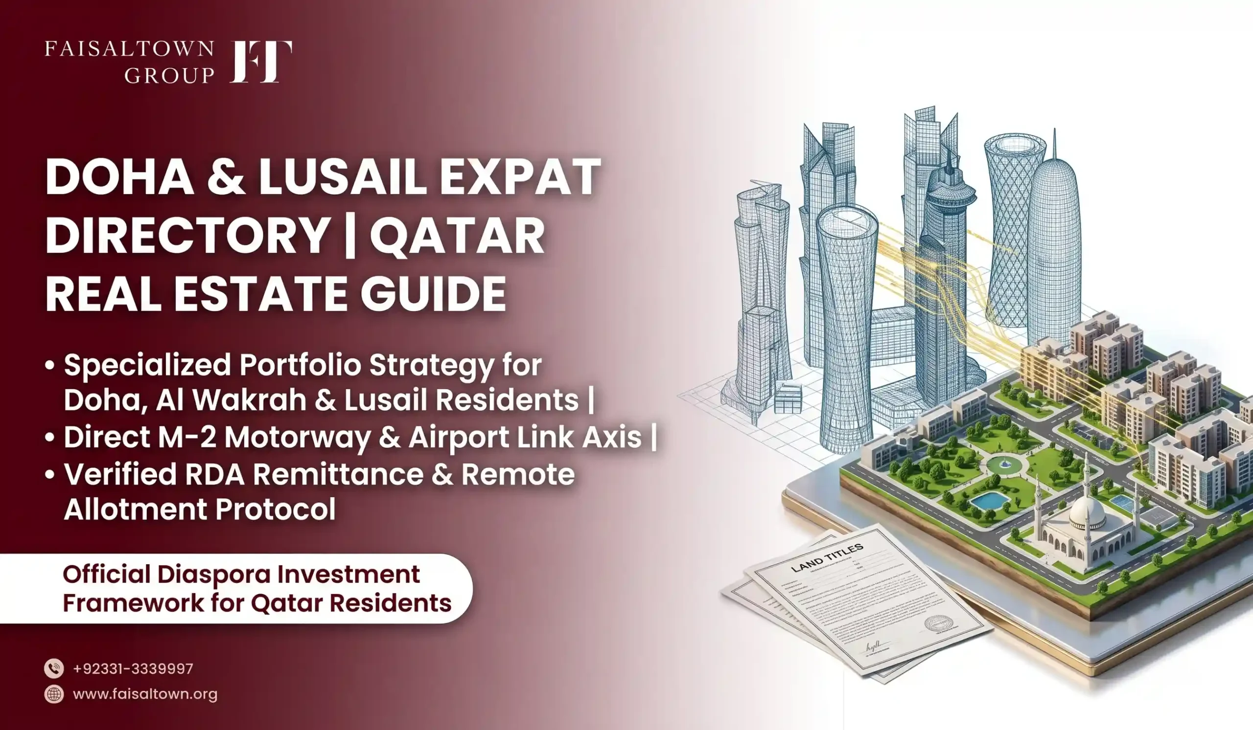 Qatar residents investment guide banner for Faisal Town Phase 2 showing Doha expat access from Qatar to Islamabad real estate assets.