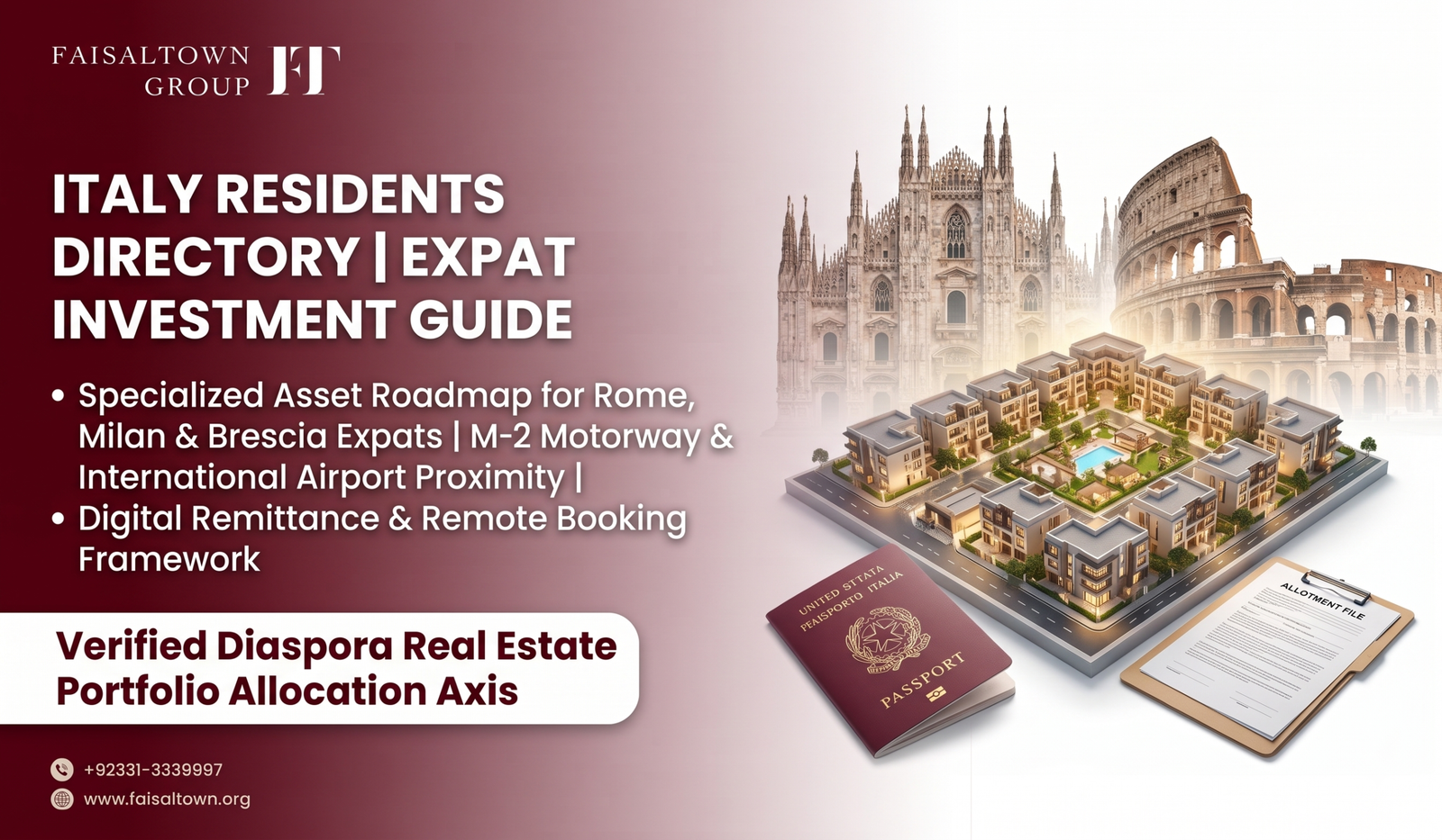 Italy residents investment guide banner for Faisal Town Phase 2 showing Italian map links to Islamabad real estate assets.