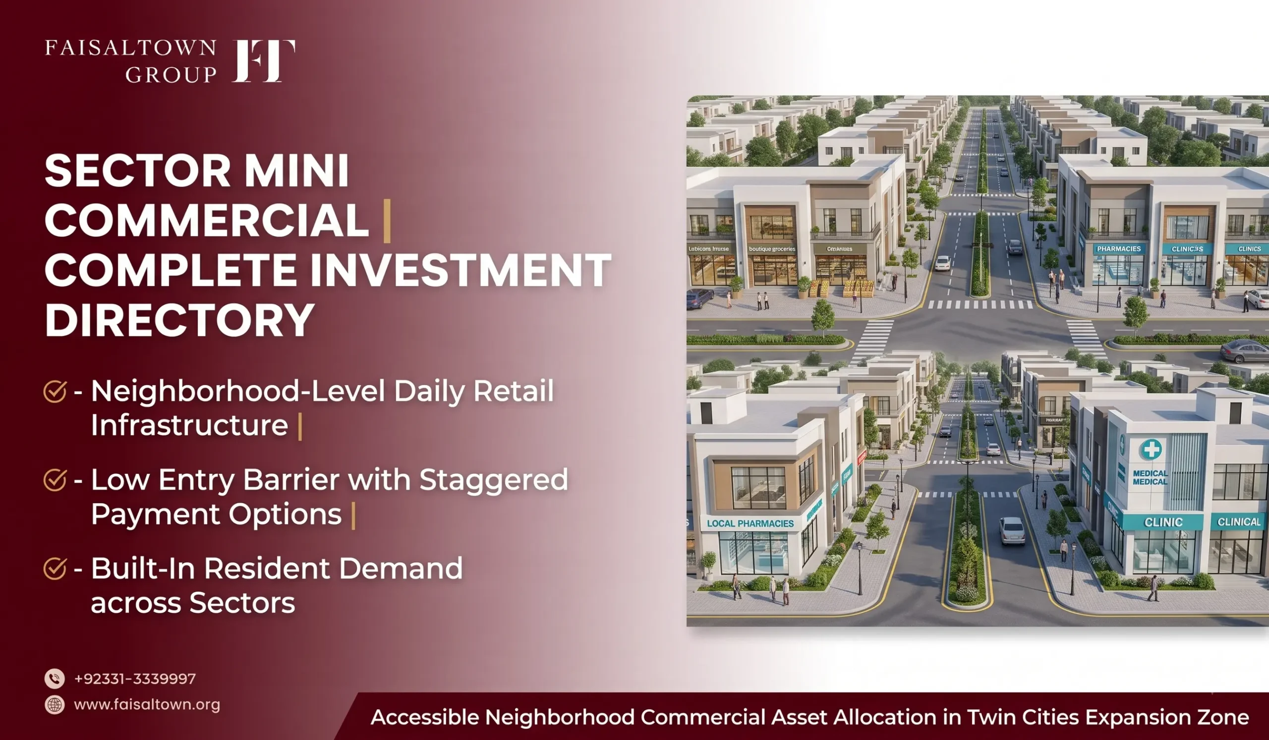 Complete investment guide banner for Faisal Town Phase 2 Sector Mini Commercial plots showing neighborhood retail shops, clinics, and pharmacies.
