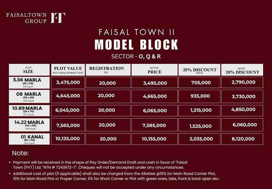 Faisal Town Phase 2 Model Block Sector O Payment Plan