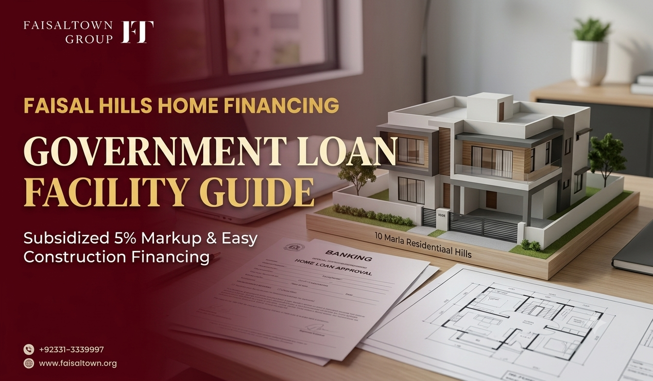 Faisal Hills government loan facility guide banner showing home construction financing terms under the Wazir-e-Azam Apna Ghar Program.